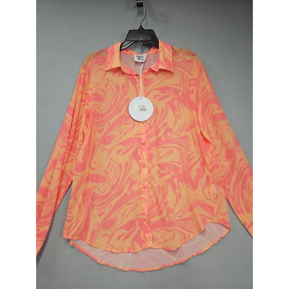 Princess Polly Orange Pink Swirl Marble Button Up Long Sleeve Shirt NEW